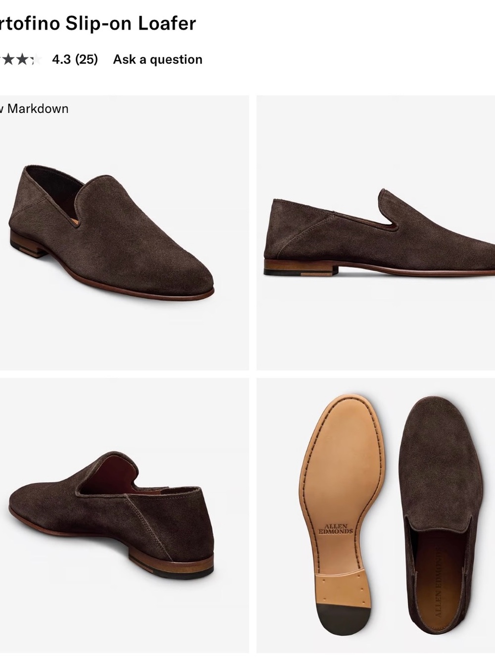 Allen Edmonds Men’s Suede Slip-On Loafer — Chocolate Brown